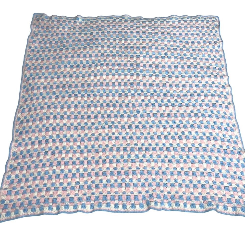 Hand Knit Crochet Throw Blanket Afghan Baby Blanket Blue/Pink/White 37”x38”
